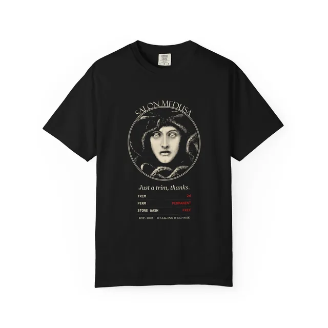 Salon Medusa. Just a trim, thanks. — Medusa (Haupt der Medusa), Franz von Stuck, 1892 design printed on a t-shirt