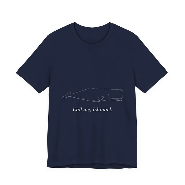 Call me, Ishmael. — Moby-Dick; or, The Whale design printed on a navy t-shirt