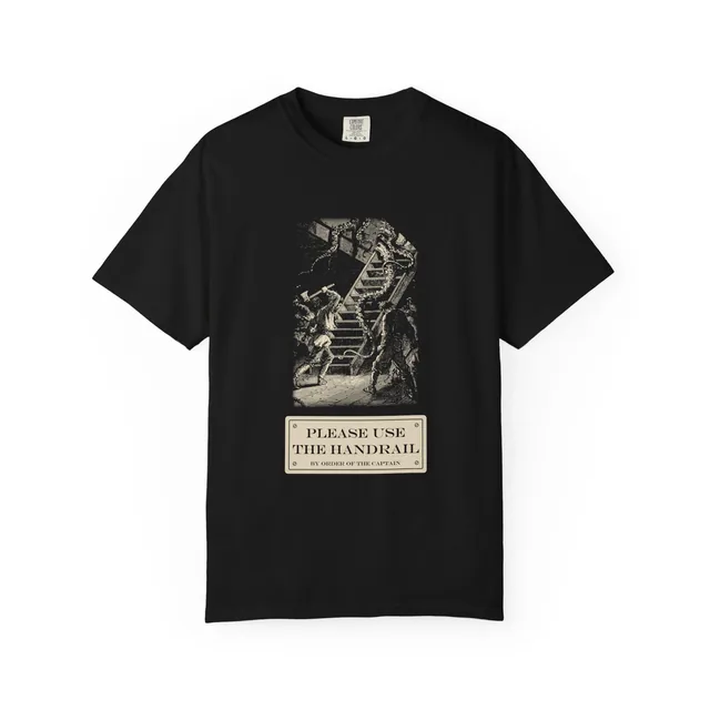 Please use the handrail. By order of the Captain. — Vingt mille lieues sous les mers (Twenty Thousand Leagues Under the Sea) design printed on a t-shirt
