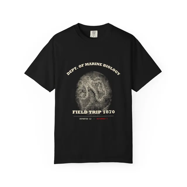 Dept. of Marine Biology. Field trip 1870. Departed 12, returned 1. — Vingt mille lieues sous les mers (Twenty Thousand Leagues Under the Sea) design printed on a t-shirt