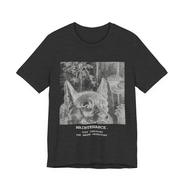 Maintenance. Just checking the smoke detectors. — Rotkäppchen (Grimm) / Le Petit Chaperon Rouge (Perrault) — as printed in 'Aardige sprookjes' design printed on a dark grey heather t-shirt