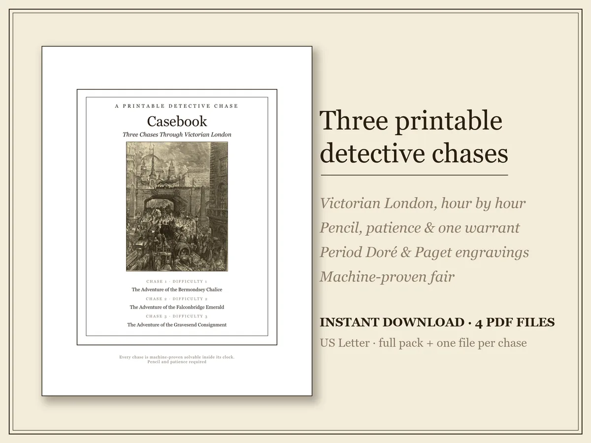 The Casebook printable pack cover: a Doré engraving of a crowded Victorian London street on a cream page, with the three chase titles listed beneath it.