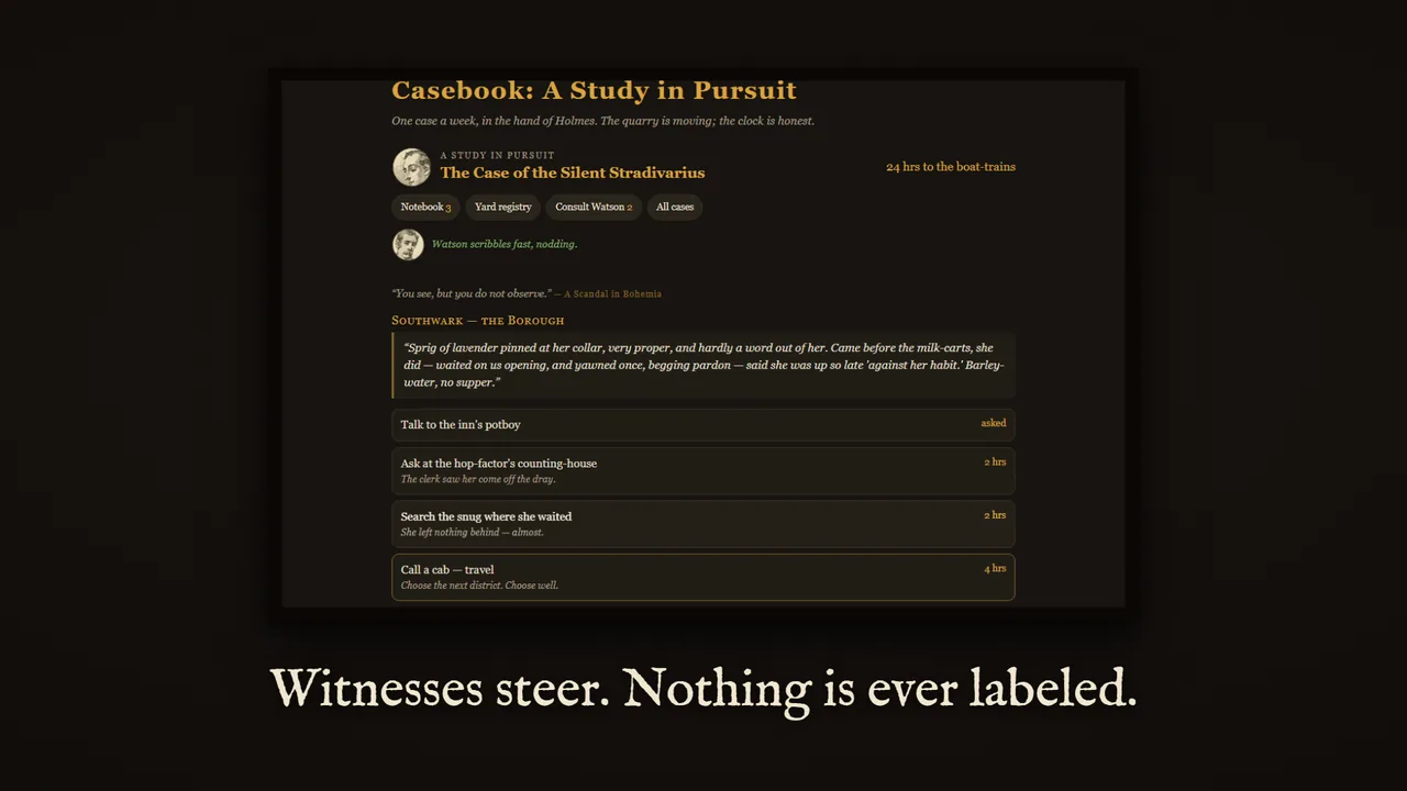 Casebook gameplay: a witness statement in Southwark, with timed choices below it.